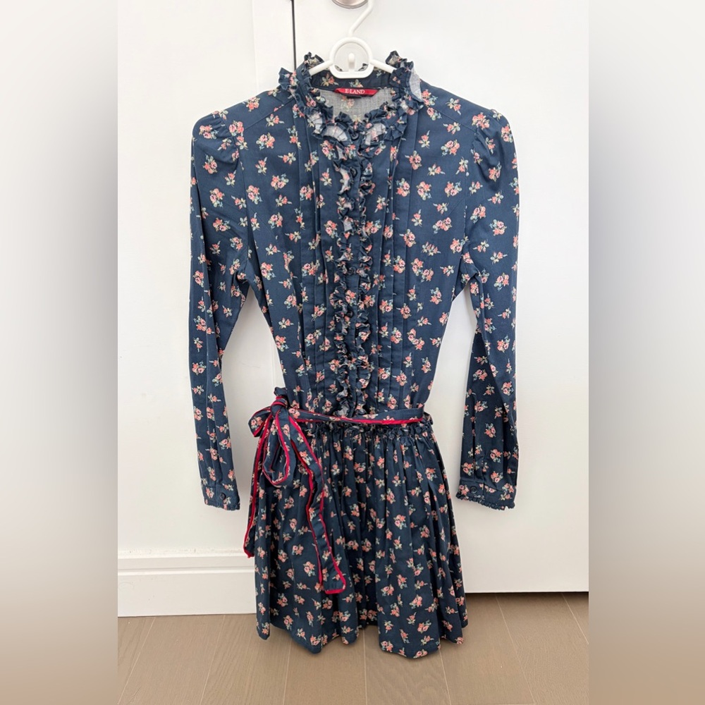 Eland Navy Floral Ruffle Long-Sleeve Dress with Waist Tie